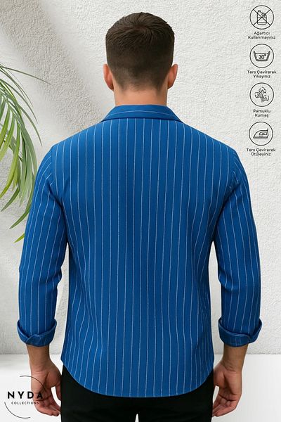 Nyda Collections Cămașă cu mânecă lungă sezonieră din lycra cu dungi din țesătură creponată pentru bărbați