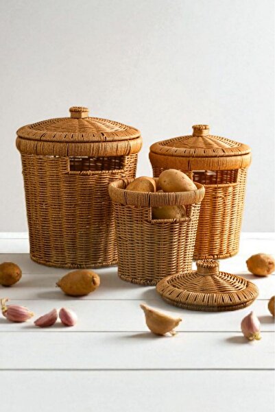 İLİVA 3'lü Patates Soğan Sarımsak Sepeti Seti - Rattan Dekoratif ve Düzenleyici Kapaklı Sebzelik Soğanlık