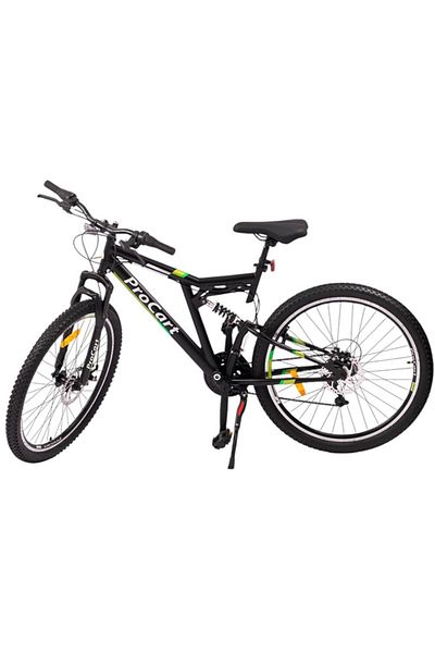 PROCART Bicicletă MTB cu suspensie completă, roți de 26 inch, 21 de viteze, frâne mecanice pe disc, cric