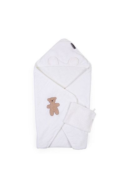 CHILDHOME Prosop cu gluga si manusa de baie 80x80 cm, Muselina/Terry Teddy