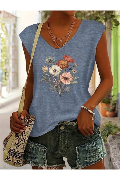 FUFLUNS Flower Printed Women's Oversize Sleeveless T-Shirt