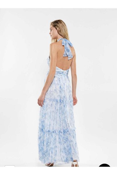 Imperial Maxi Dress with Floral Print in Shades of Blue and White