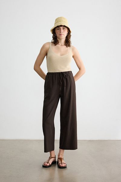 BE BLUE Chocolate Straight Cut Cotton Linen Pants