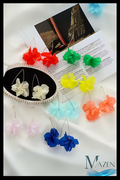 MAZEN Colorful Flower Model Long Earrings | White Color | Summer Elegant Design | Women's Jewelry Accessory