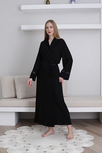 Lohussa Women's Black Shawl Collar Special Design Lace Detailed Cotton Flexible Dressing Gown