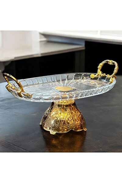 Diamond Porselen Altın Ayaklı Oval Kristal Cam Sunum Tabağı – Premium Kulplu ...