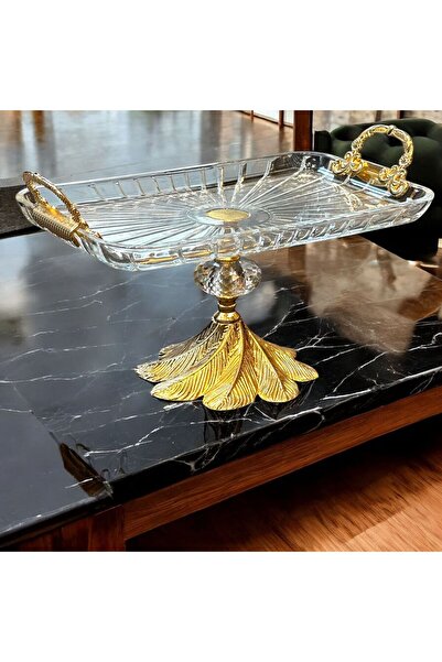 Diamond Porselen Altın Kulplu Dikdörtgen Ayaklı Kristal Sunum Tabağı – Premiu...