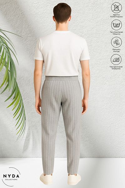 Nyda Collections Men's Crepe Fabric Striped Seasonal Pocket Elastic Waist Lace-Up Trousers