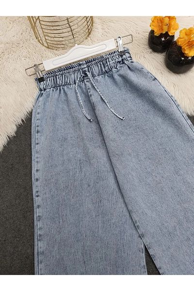 nedo7 Wide Leg Elastic Waist Lace Detailed Jeans - Ice Blue