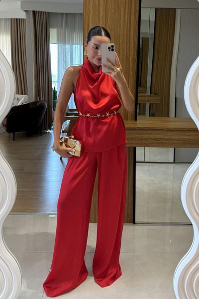 My Blog Red Satin Blouse Pants Suit - 304900