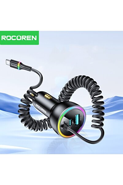Rocoren 70W 3 Portlu 2*Type-C 1*USB-A Spiral Kablolu LED Işıklı Araç İçi Hızlı Şarj Cihazı