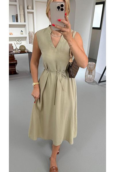 Sezgi Tekin V-Neck Fat Green Modal Dress