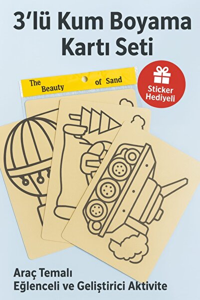 Genel Markalar Kum boyama Seti 3lü araç temalı A4 Stiker Hediyeli