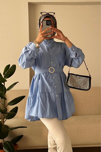 HİFADEN Kadın Kemer ve Taş Düğme Detaylı Kat Kat Tesettür Gömlek