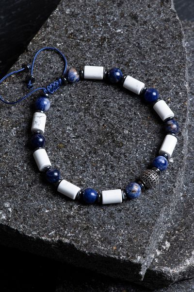 OSMANLI DOĞAL TAŞ Certified Sodalite, Hematite, Howlite Silver Apparatus Natural Stone Macrame Bracelet