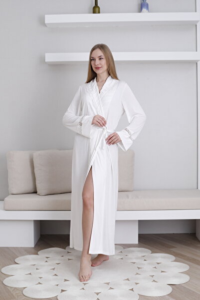 Lohussa Women's Ecru Shawl Collar Special Design Lace Detailed Cotton Flexible Dressing Gown