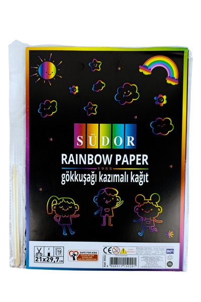 Südor RAİNBOW SİHİRLİ GÖKKUŞAĞI KAZIMALI SİYAH KAĞIT 10'LU A4 KAĞIT - 1 ADET KAZIMA KALEMİ HEDİYELİ