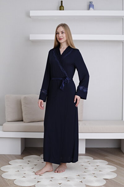 Lohussa Robă de damă bleumarin cu guler șal cu design special din bumbac elas...