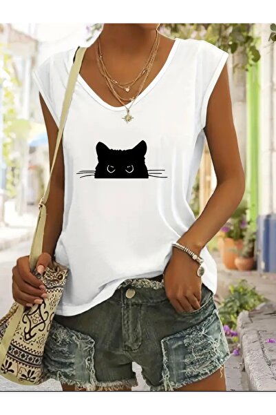 FUFLUNS Γυναικείο αμάνικο μπλουζάκι με στάμπα Cat