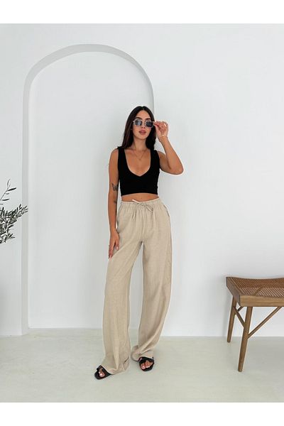 Ozy Fashion Beige 100% Cotton Lace-Up Wide Leg Linen Trousers