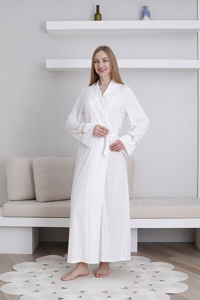Lohussa Women's Ecru Shawl Collar Special Design Lace Detailed Cotton Flexible Dressing Gown