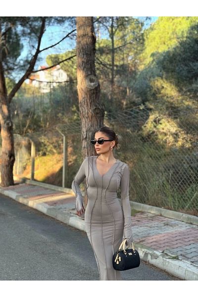 nedo7 V-Neck Square Neck Stitched Slit Long Dress - Stone