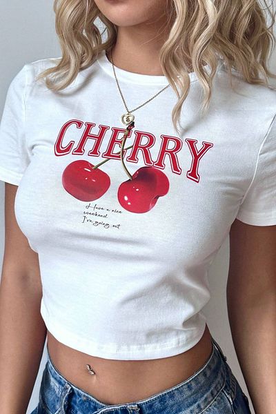 COOL TARZ Women's Printed Crop T-Shirt - Cherry Pattern, Summer Short Sleeve Blouse
