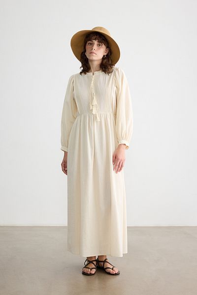 BE BLUE Textured Dress with Natural Embroidery Details