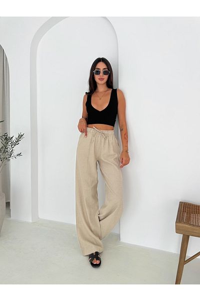 Ozy Fashion Beige 100% Cotton Lace-Up Wide Leg Linen Trousers