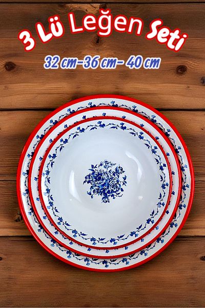 İnci Emaye 32 Cm-36 Cm-40 cm 3-Piece Enamel Basin Whisk and Mixing Bowl, Dough Basin, Fruit Bowl, Dowry, Gift,