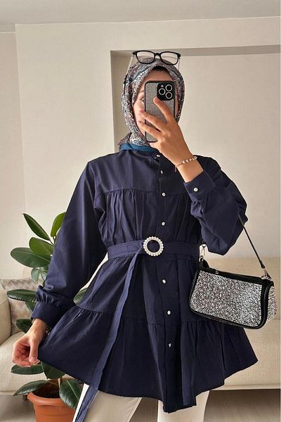 HİFADEN Women's Layered Hijab Shirt with Belt and Stone Button Detail