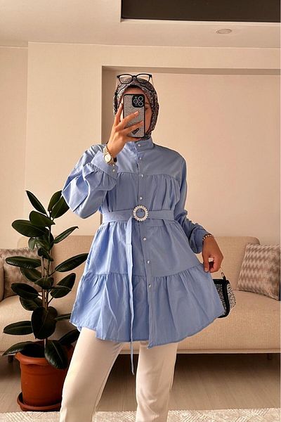 HİFADEN Women's Layered Hijab Shirt with Belt and Stone Button Detail