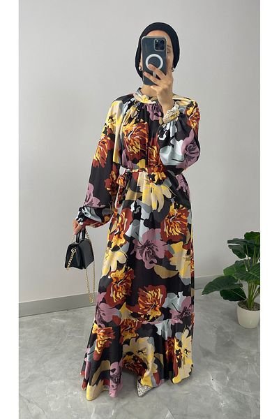 NİSUM MODA Floral Patterned Satin Hijab Dress