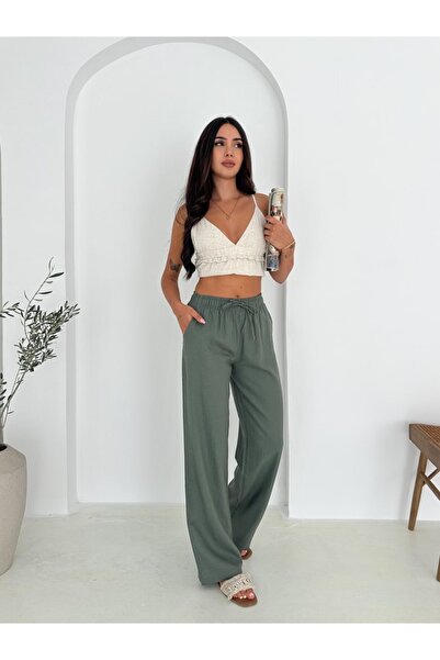 Ozy Fashion Khaki (Green) 100% Cotton Lace-Up Wide Leg Linen Trousers
