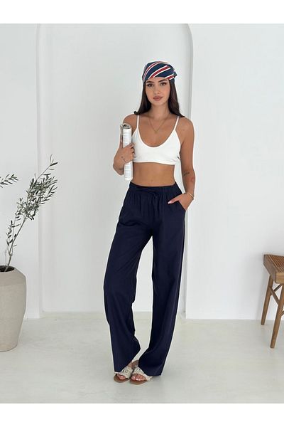 Ozy Fashion Navy Blue 100% Cotton Lace-Up Wide Leg Linen Trousers