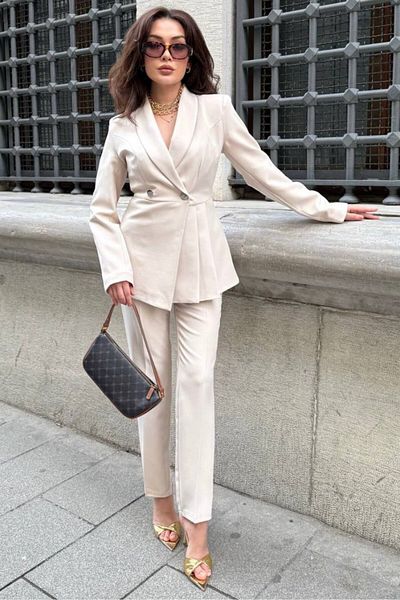 AKD Atelier Women's Double Blazer Jacket Pants Suit Pleat and Button Detailed Pipe Leg
