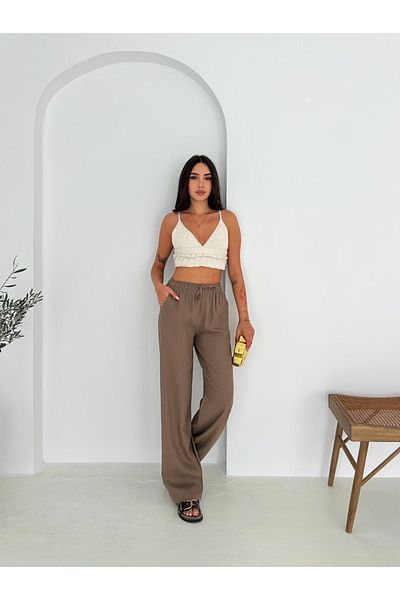 Ozy Fashion Brown 100% Cotton Lace-Up Wide Leg Linen Trousers