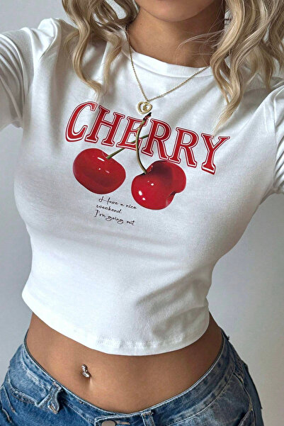 COOL TARZ Γυναικείο εμπριμέ Crop T-shirt - Καλοκαιρινή κοντομάνικη μπλούζα με σχέδιο κερασιού