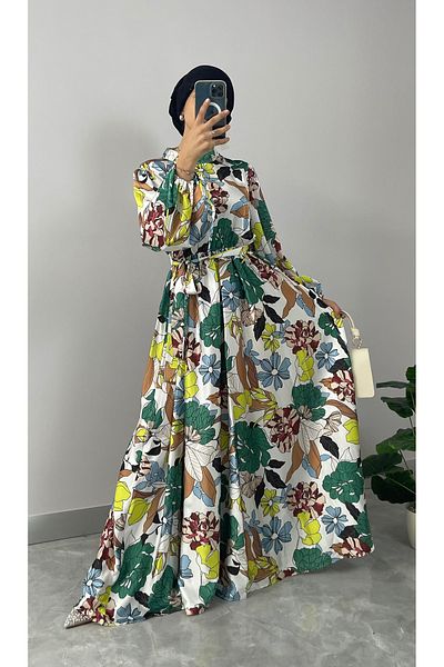 NİSUM MODA Floral Patterned Satin Hijab Dress