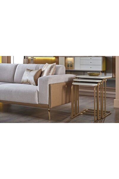 Bellona Zigon Montella Coffee Tables, set of 3 pieces, 46X46X60.3cm, Beige color, Gold finish