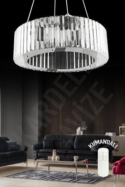 Kraliçe Yuvarlak Zambak Krom 4 Lü 46 cm Kumandalı Lüx Modern Taşlı avize