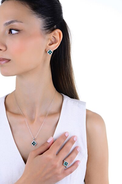 Söğütlü Silver Gümüş rodyumlu yeşil zirkon taşlı trifolium yonca üçlü set