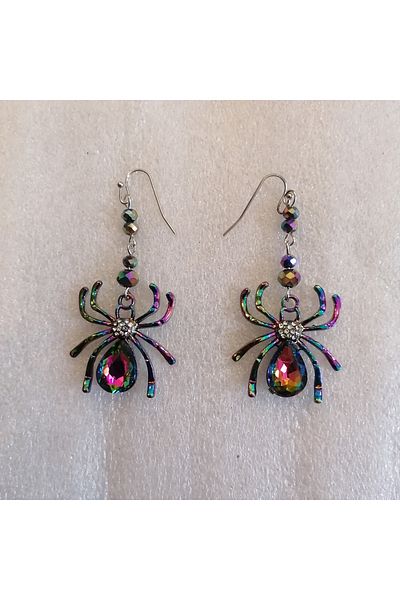 Butik Tülin Authentic Multicolor Metal Cutout Shiny Crystal Stone Spider Dangle Earrings 6X2.8Cm Made in Thailand