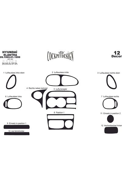 Marscockpitdesign Hyundai Elantra Κονσόλα-Θήκη Τορπίδι 1995-1999 12 Τεμάχια