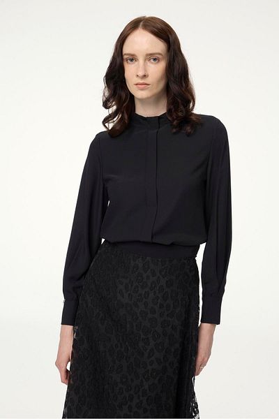 Zühre Black Blouse with Stand Collar Stripe Detail B-0139