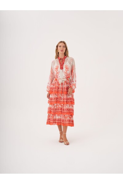 SERPİL Volan Detaylı Kuşaklı Desenli Şifon Elbise