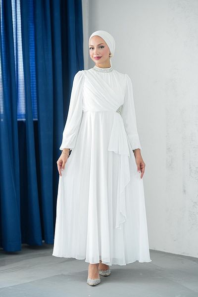 hakimoda Hijab Silver Chiffon Evening Dress White