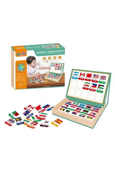 divendi-ro Educational magnetic puzzle game with country flags, wooden board and drawing board, brown-green