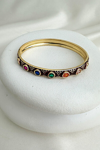 Modex Altın Rengi Mineli Yuvarlak Renkli Taşlı Tasarım Kelepçe Bileklik (Çapı:6cm)