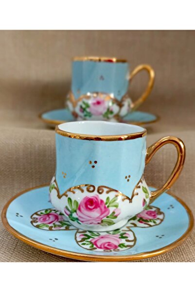 BY.RAYKA PORSELEN El Dekor مجموعة من 2 فناجين قهوة مرسومة يدويًا من البورسلين...